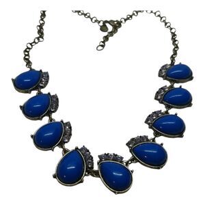 J.Crew Blue Necklace Oval Drop Rhinestone Link Station Statement Antique Gold
